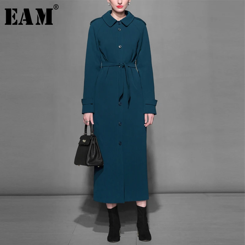 

[EAM] Women Blue Button Temperament Trench New Lapel Long Sleeve Loose Fit Windbreaker Fashion Tide Autumn Winter 2019 1B215
