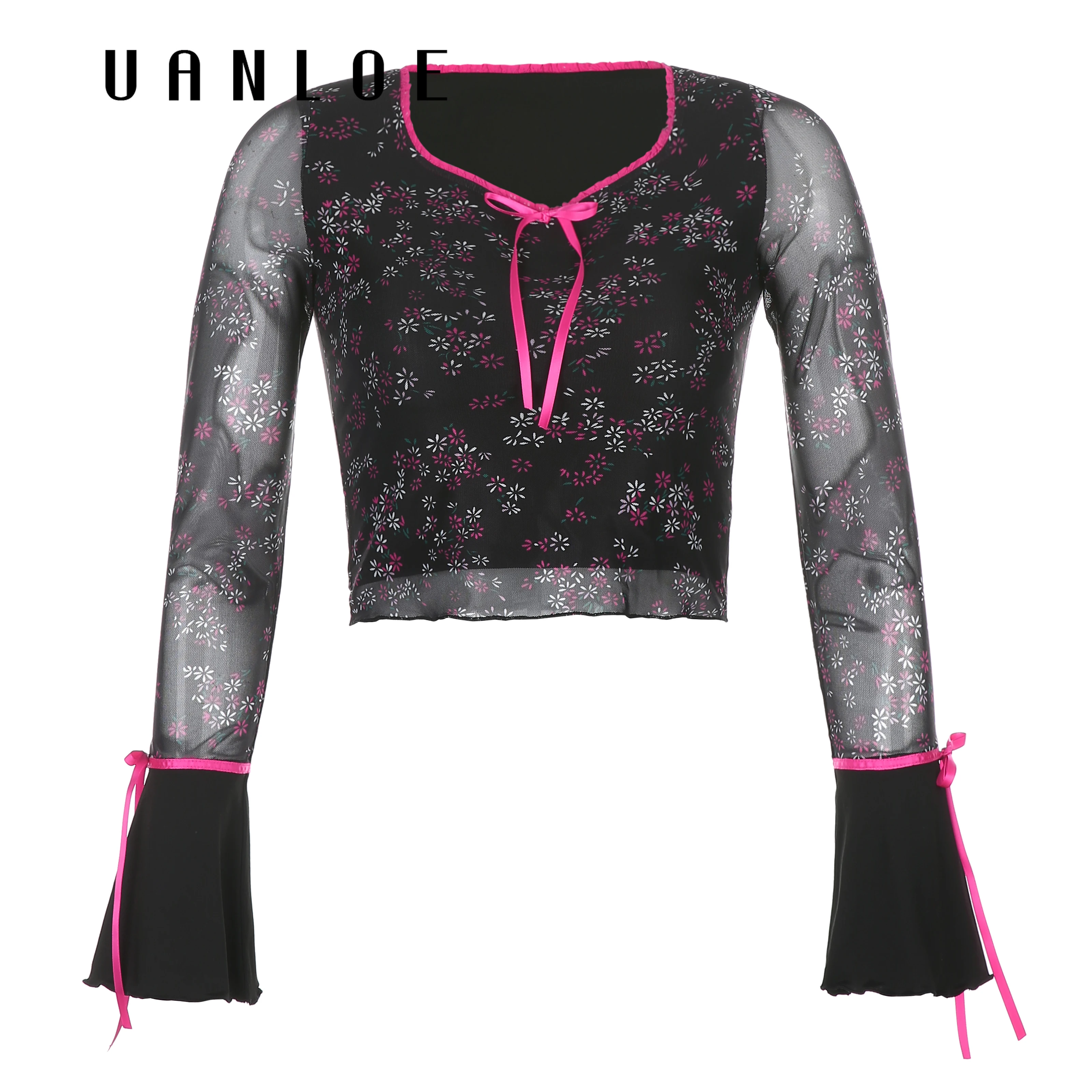 

Small Floral Print Sexy Mesh Transparent Cropped Top Women Long Flare Sleeve Ruffle T-shirt Retro Streetwear 90s Tshirts