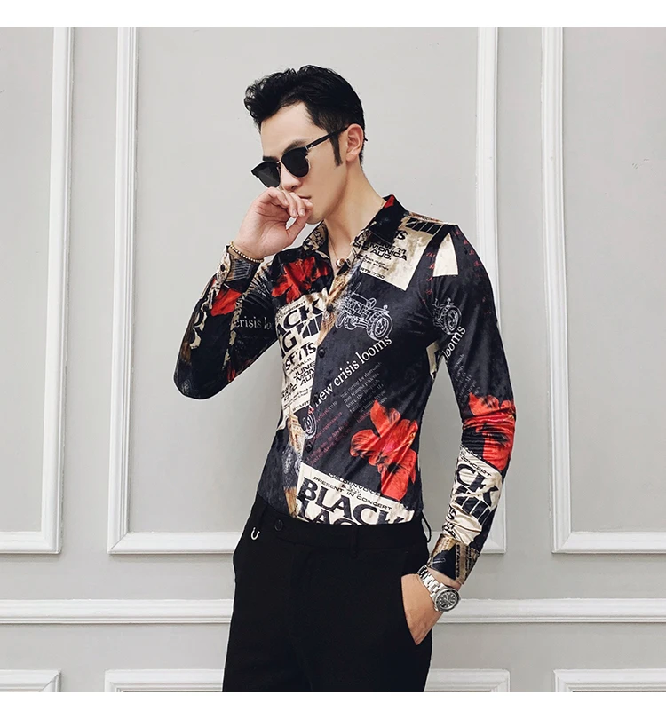 Бархатная рубашка с принтом Camisa Hanber2019 осень и зима новая мужская Клубная рубашка тонкая с длинными рукавами Мужская модная повседневная рубашка для выпускного вечера