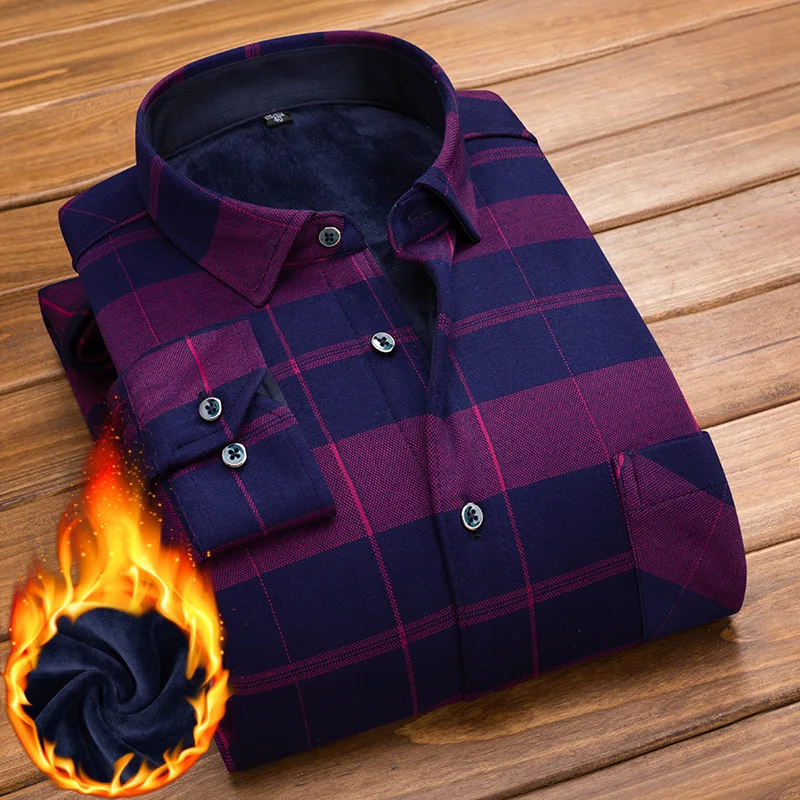 

New Winter Men'S Plus Velvet Thick Warm Shirt Business Classic Fashion All-Match Casual Check Shirt High-Quality Branded Tops