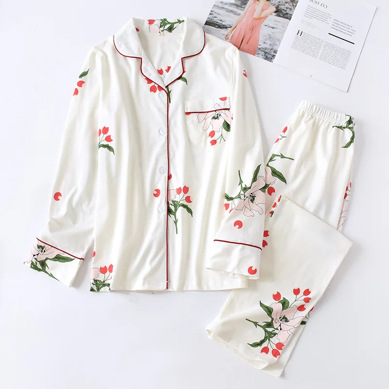 Spring and Autumn New Products Ladies Pure Cotton Plus Size Homewear Knitted Long Sleeve Trousers Pajama Set two piece set women