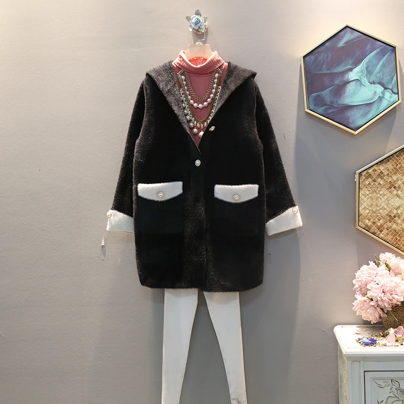 [EWQ] Осень-зима Новое однобортное винтажное шерстяное Женское пальто с капюшоном и длинным рукавом AH89600.4XL - Цвет: black