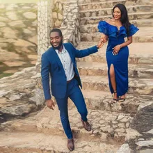 Новые синие мужские костюмы из двух предметов, комплект с одной пуговицей, остроконечные лацканы, приталенные свадебные мужские смокинги на заказ