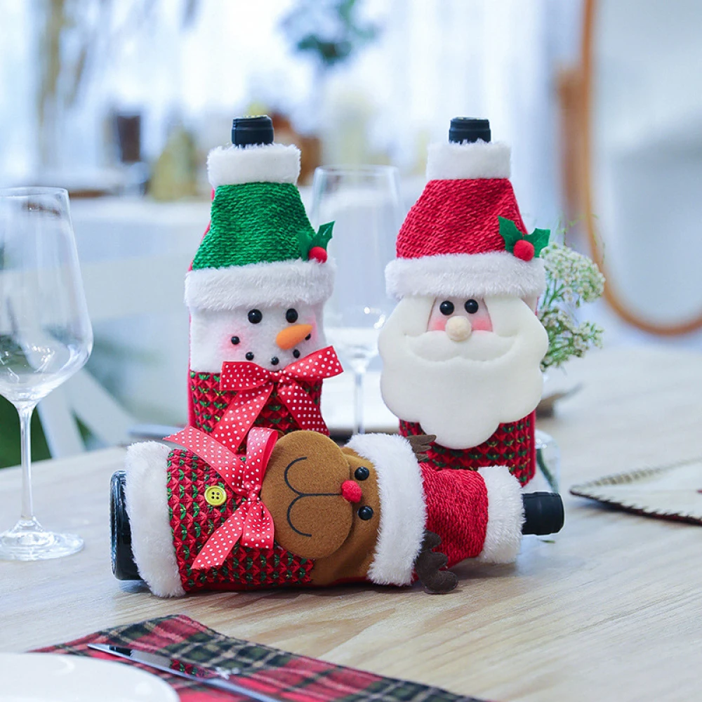 Christmas Decoration Red Wine Bottle Set Nordic Flower Plaid Wine Bottle Set Red Green Red Old Wine Bottle Set Christmas Supplie