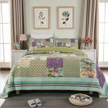 

1 Pc Bed cover+2pcs Pillowcases Green Pieces Quilt Luxury European style Bedspread Blanket Large Double bed cotton Home textile