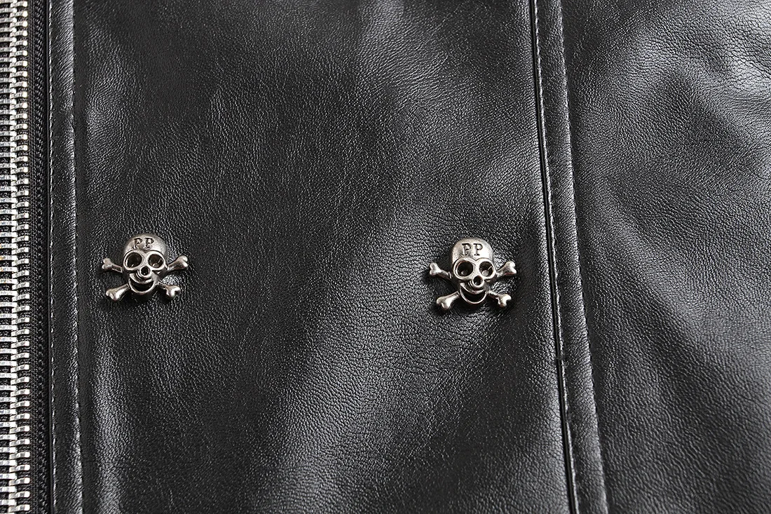 Высококачественное эксклюзивное мужское кожаное пальто в стиле панк, мотоциклетное локомотивное кожаное пальто, приталенная кожаная куртка, косая молния, скелет, бу