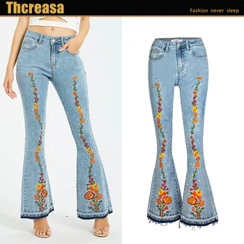 

2020 Spring Summer Women Skinny Denim Light Pencil Flare Pants Stretch Jeans Embroidered Flower Button Pockets Pants Women Jeans