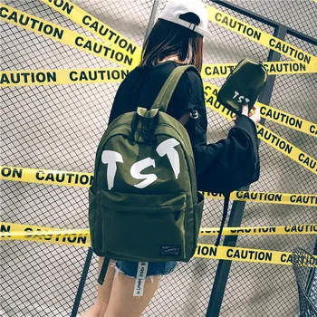 

Korean Version of The Color Matching Canvas Letters TST Backpack Female New Student Couple Bag Male Large Capacity Travel Bag