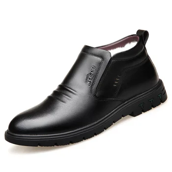 

LIMEIKE Winter Men Shoes Fur Plush Mens Leather Shoes Casual Shoes High-top Warm Non-slip Black Winter Men Boots