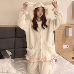 Y2k Japanese Winter Kawaii Pajama Set Girl Cute Coral Fleece Rabbit Ears Coat Plush Trousers Warm Thickened Soft Home Wear Women