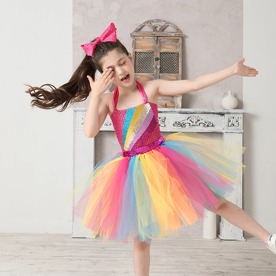 Jojo Siwa Inspired Girls Tutu Dress with Deluxe Bow Sparkly Rainbow Girls Princess Dress Kids Birthday Party Halloween Clothes (24)