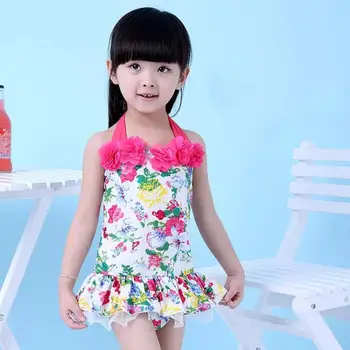 

Children's swimsuit One-piece Nylon Elastic Printing Floral Lace-up Lotus Brim Swimming Costume Kids Clothes Infant Flowers