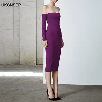 

UKCNSEP Women Long Sleeve Bandage Dress 2020 New Purple Slash Neck Solid Bodycon Elegant Dress Celebrity Evening Party Dress