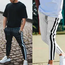 Новые популярные мужские брюки повседневные облегающие длиной до лодыжки узкие брюки полосатые брюки на молнии с эластичной резинкой на талии