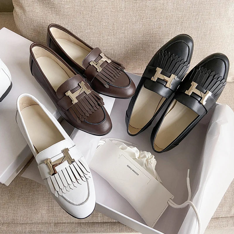 

Pure Leather Korean-style Tassels Loafers 2020 Spring And Autumn New Style H Buckle England Shoes Women's Genuine Leather Casual