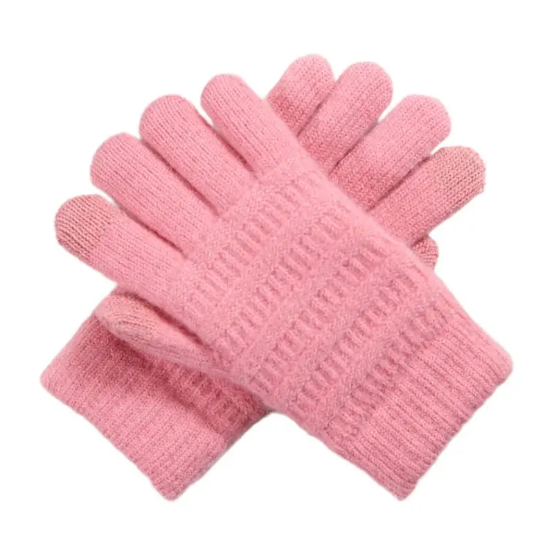 Women Winter Crochet Knitted Full Finger Gloves Touchscreen Thick Plush Lined Wrist Warmer Solid Color Stretchy Magic Mittens - Цвет: Pink
