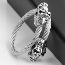 Топ Дизайн титановая Нержавеющая Сталь Серебряный двойной скелет череп голова проволока витая цепь манжета браслет крутые мужские ювелирные изделия