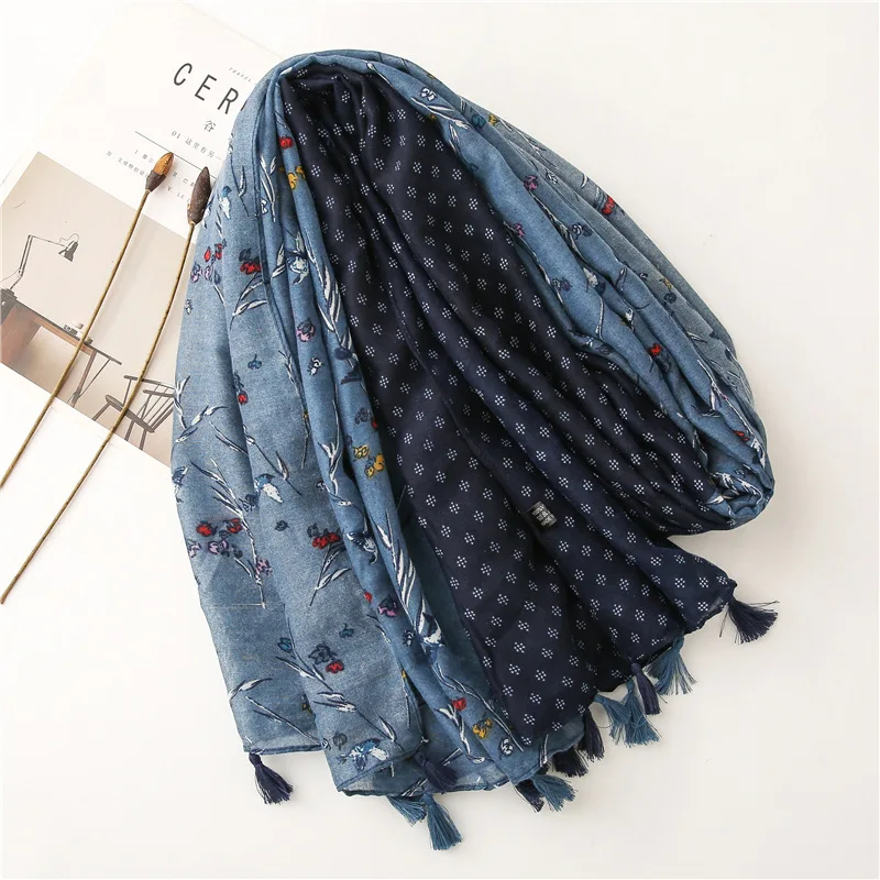 2024 Spanien Luxus Marke Marineblau Schöne Blumen Quaste Viskose Schal Schal Dame Hohe Qualität Wrap Stirnband Bufandas Moslemisches Hijab – Detail 27