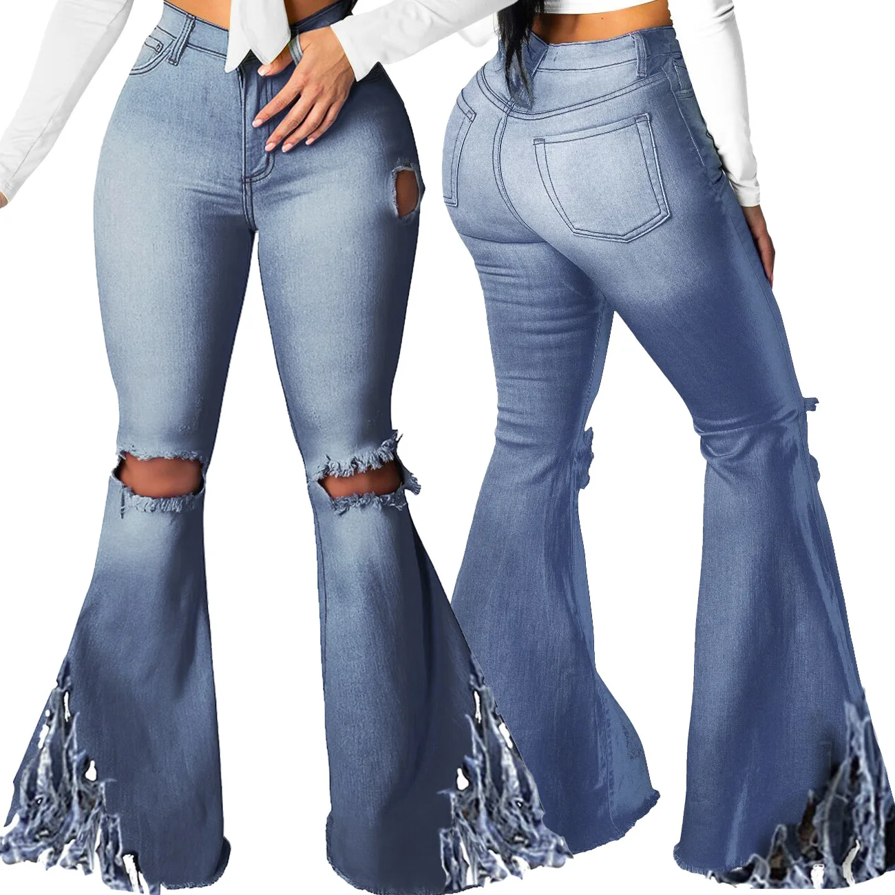 

HSF2383 Women's Jeans Flared Pants Sexy Fashion All-match Tassel Ripped Stretch Slim Flared Pants