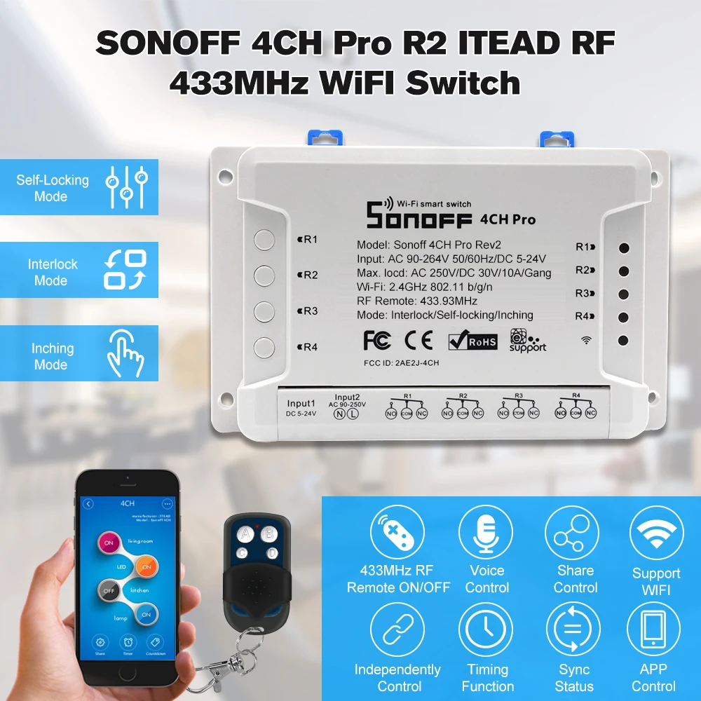 SONOFF 4CH R2 RF 433 МГц 4 банды WiFI WLAN Schalter WiFi смарт-коммутатор работает с Amazon Alexa и для Google Home/Nest умный дом