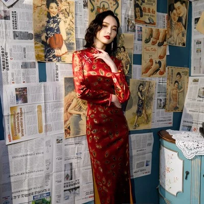 SHENG COCO Chinese китайские платья с длинными рукавами Cheongsam Qipao велюровое позолоченное платье в китайском стиле в стиле ретро женское платье с хвостом павлина Chipao - Цвет: Red long qipao 907