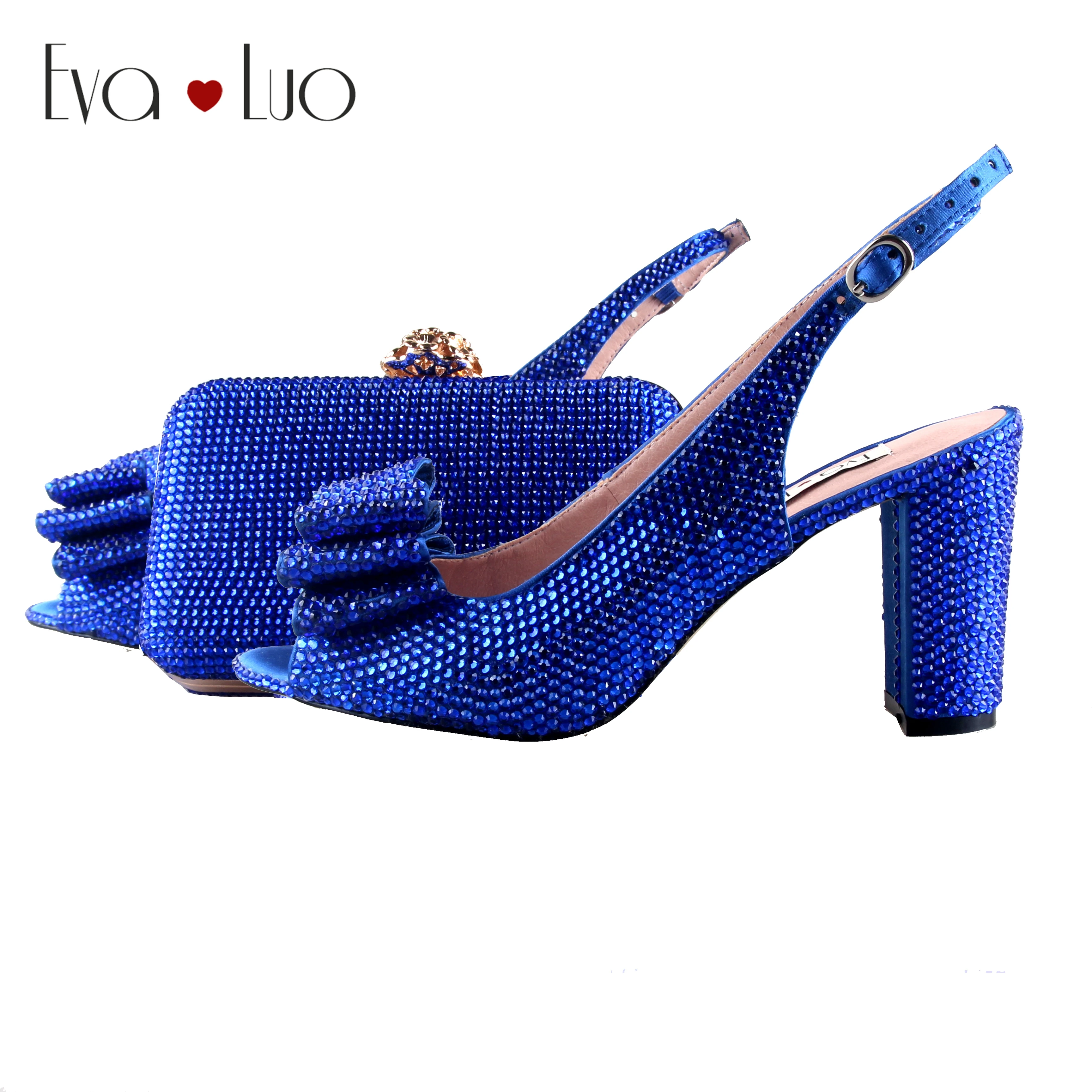 

BS1070 Custom Handmade Royal Blue Crystal Bow Shoes with Matching Bags Set Slingbacks Block Heel Women Bridal wedding Shoes