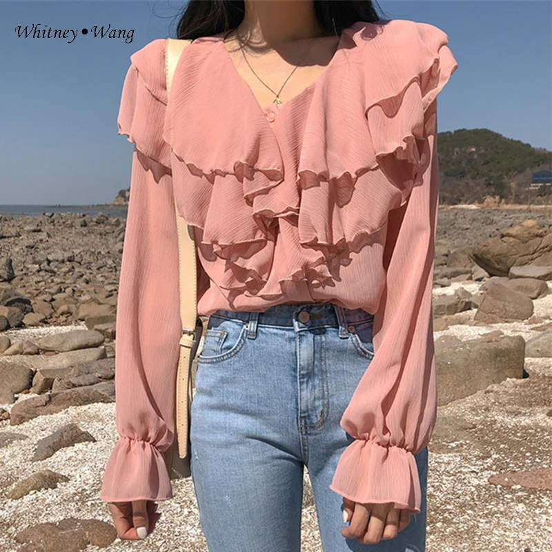 WHITNEY WANG Blouses Woman Fashion Streetwear Korea Style V-neck Ruffles Chiffon Blouse Women Blusas Office Lady Shirt Tops