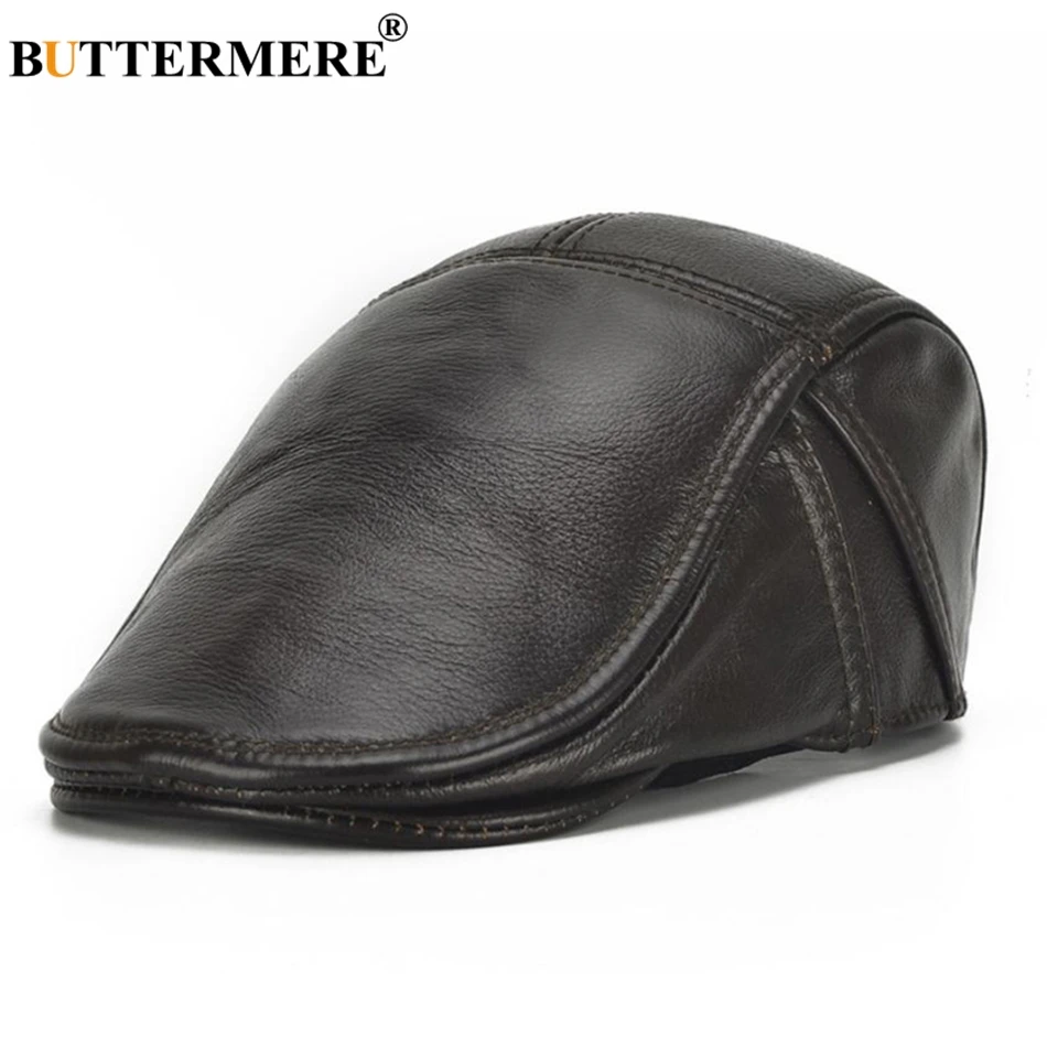 BUTTERMERE Mens Flat Caps Real Leather Hats Berets Male Genuine Leather