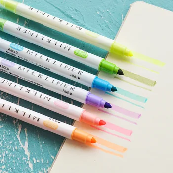 

12 pcs Mild color Highlighter pen Dual side 3mm Bold 0.5mm Fine writing drawing pens Healthy kids gifts School supplies FB103