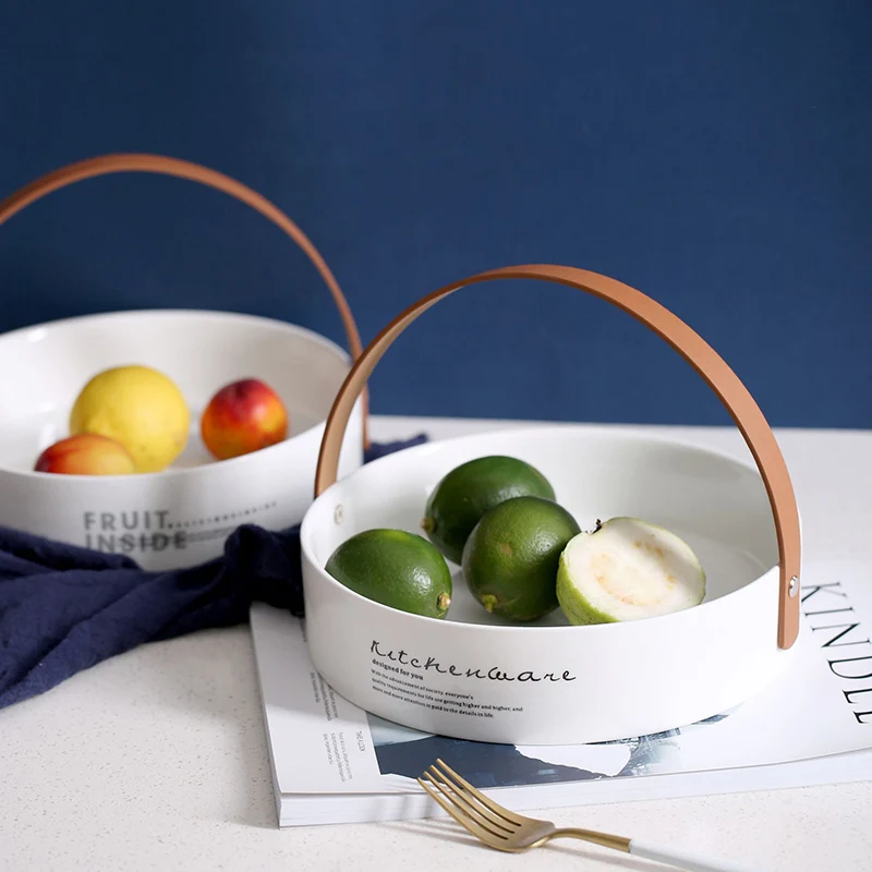 Creative Ceramic Dishes with Leather Handle Disc Minimalist Fruit Basket Salad Plate Kitchen Simple Nordic Style Tableware | Дом и сад