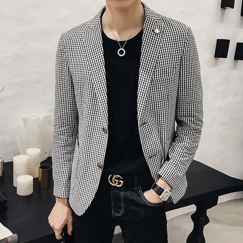 

New Spring And Autumn Men's Casual West Slim Korean Version Of Handsome Lattice Small Suit Coat Jacket Trend
