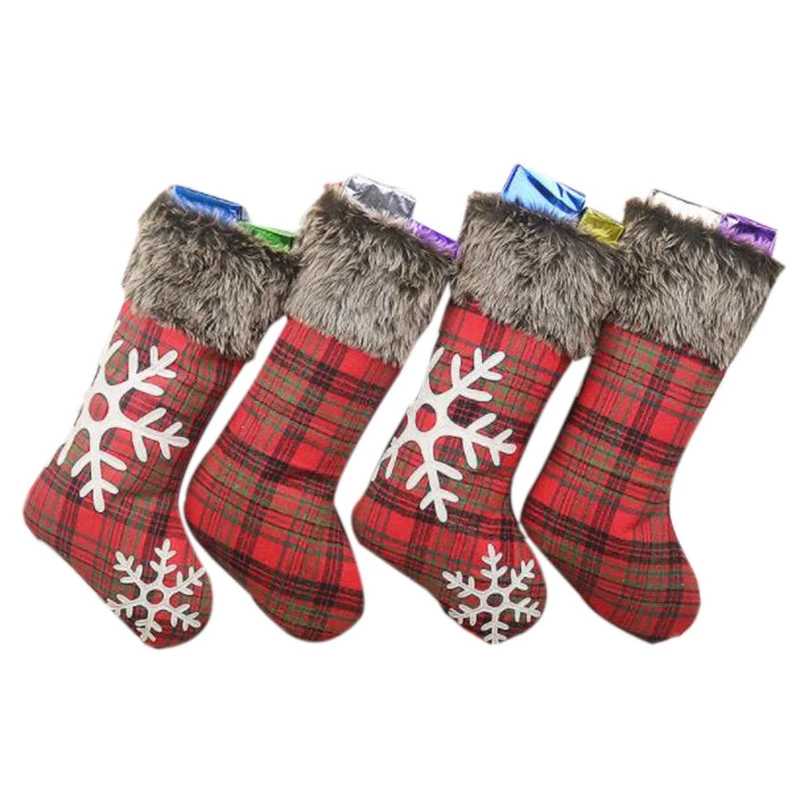 

Christmas Stockings,4 Pcs 18 Inches Burlap with Large Plaid Snowflake Stockings, for Family Holiday Xmas Party Decorations