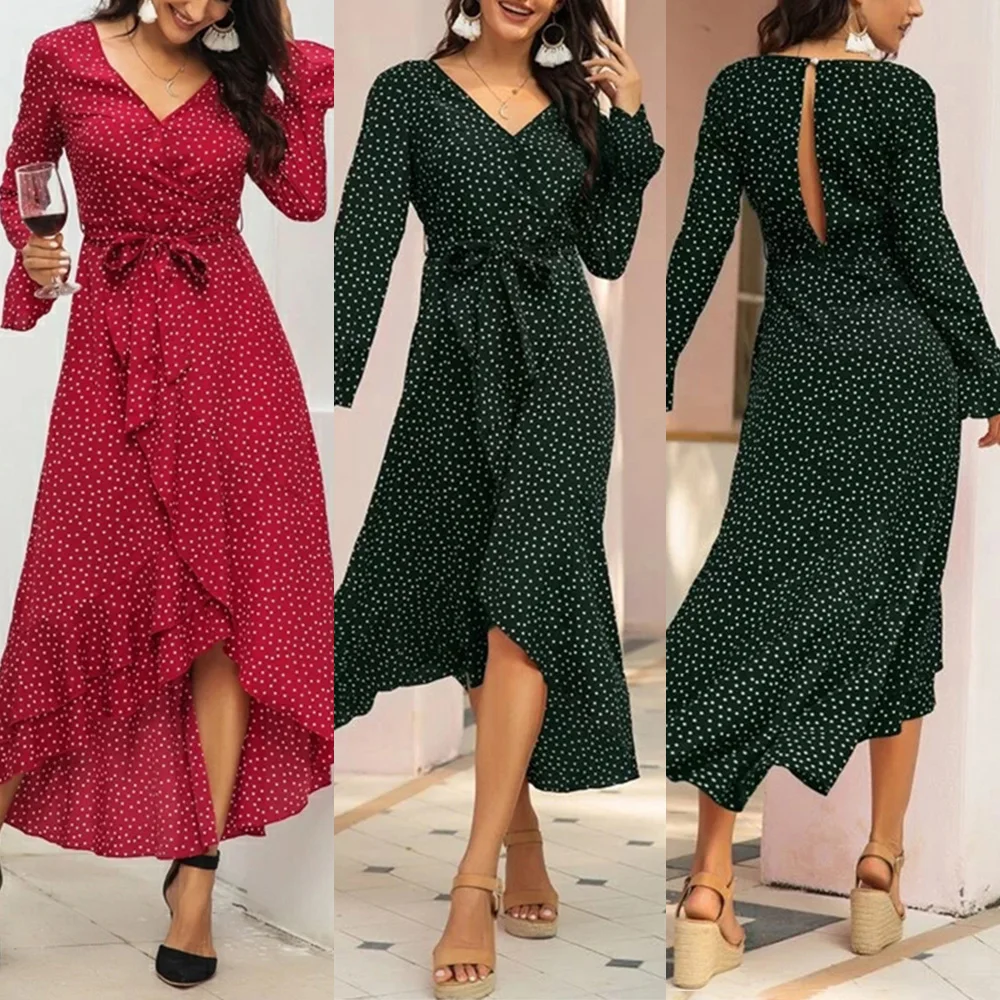 

Bohemia Polka Dot Dress Women Spring Long Sleeves Casual Bow Tie Waist Irregular Hem Mid-Calf Dress D30