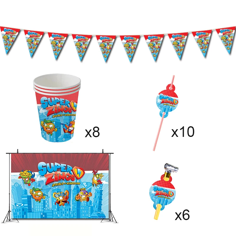 Superzings-decoraciones para fiesta de cumpleaños, juego de Super Zings, regalos de tema, Banner, tazas, pajitas