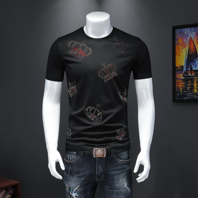 

Rhinestone Crown Short-sleeved T-shirt Men's Summer Ice Silk Round Neck Slim T Shirts Tops Fashion Casual Clothes Camiseta