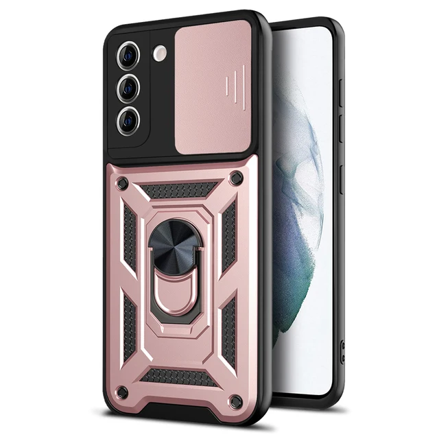 Lens Protection ShockProof Phone Case For Samsung Galaxy S21 Ultra S22 Note 20 Ultra S20 FE A52 A72 Metal Magnetic Ring Bracket Rose gold