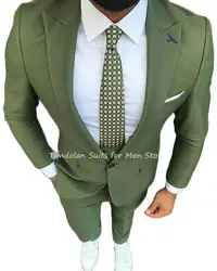 3Pcs Green Jacket Pants Vest Custom Made Peak Lapel Blazer Trousers Man's Party Wear Wedding Men Suits Sets Coat+Pants+Waistcoat