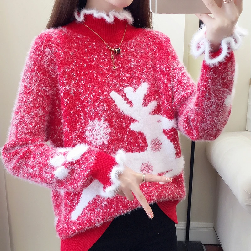 Уродливый Рождественский свитер, водолазка, пушистый мех, кашемировый свитер, женские зимние свитера, женские свитера с оленем,, корейский Джемпер красного цвета