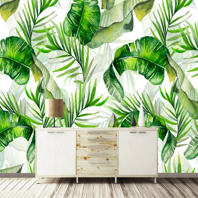 

Drop Shipping Custom Photo Wallpaper Hand Painted Banana Leaves Rain Forest Plants Green Leaf Decor Wall Painting Wallpapers For