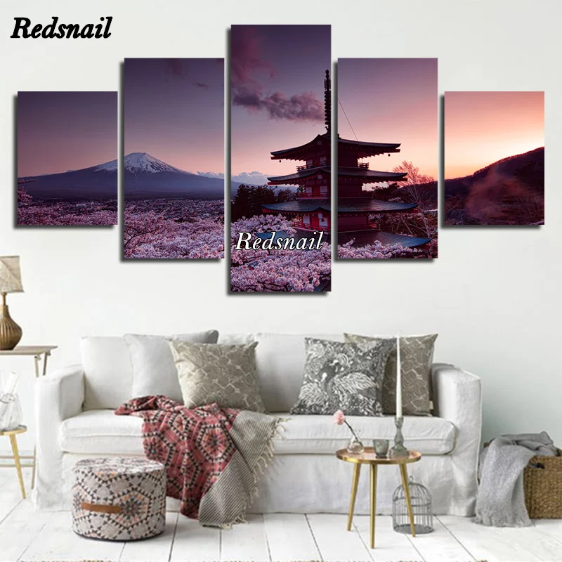 diy Diamond Painting puzzle 5D Full Drill Mosaic Diamant Embroidery Art landscape Chureito Pagoda And Mount Fuji 5 Panel ML1161 | Дом и сад