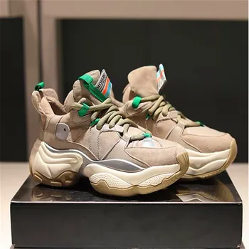 

Genuine Leather women's casual outdoor shoe color blocking lightweight casual sneakers thick sole platform shoes trendy sneakers