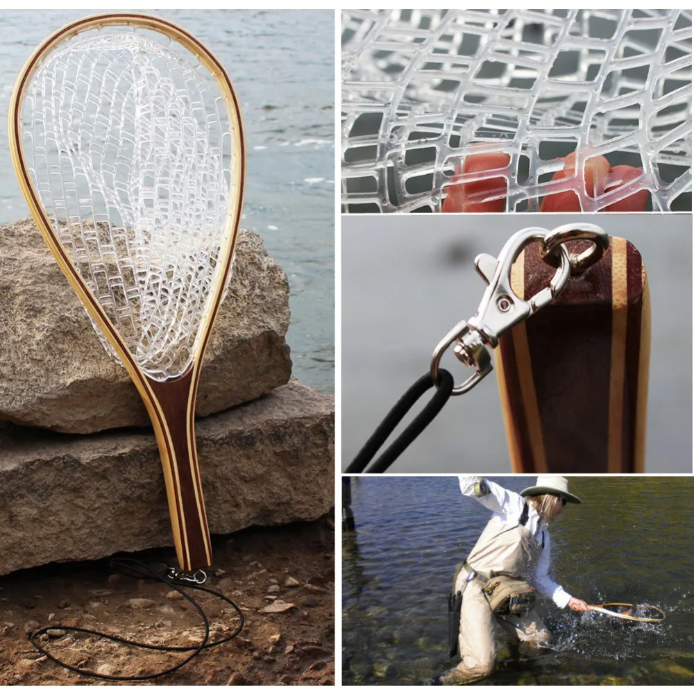 Sougayilang Fly Fishing Landing Net Outdoor Casting net Mesh Soft Rubber Wooden Handle Rubber Lanyard Rope Trout Catch Fishing