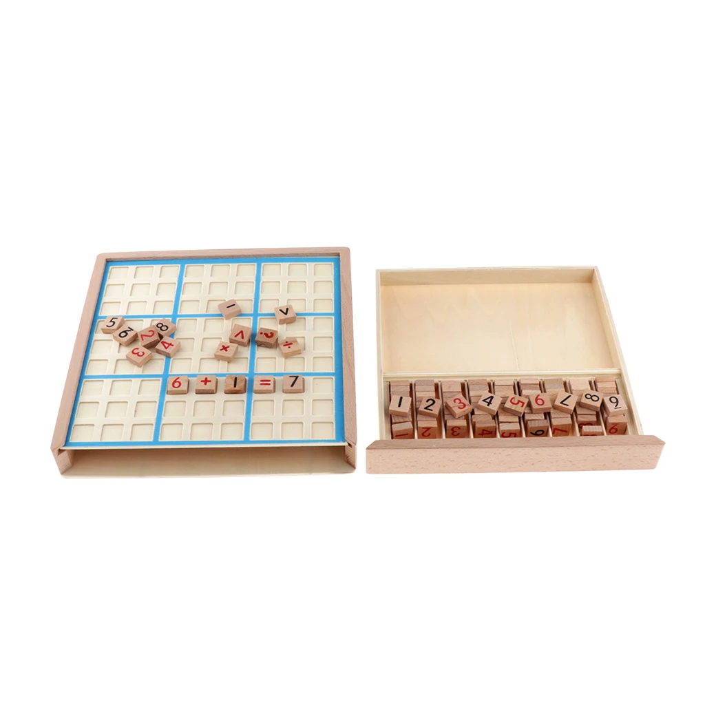 Деревянный пазл Sudoku с деревянным номером и мышления плитки, 9 гриб, 8,78x8,78x1,38 дюймов, синий