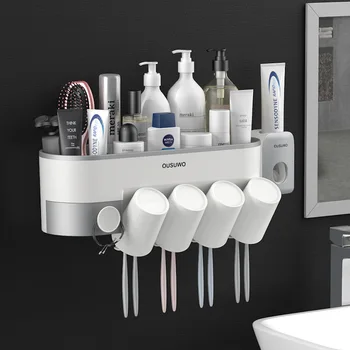 

1Set With Cups Automatic Toothpaste Squeezer Inverted Cups Wall Mount Toothbrush Holder Dispenser Bathroom Accessories Sets