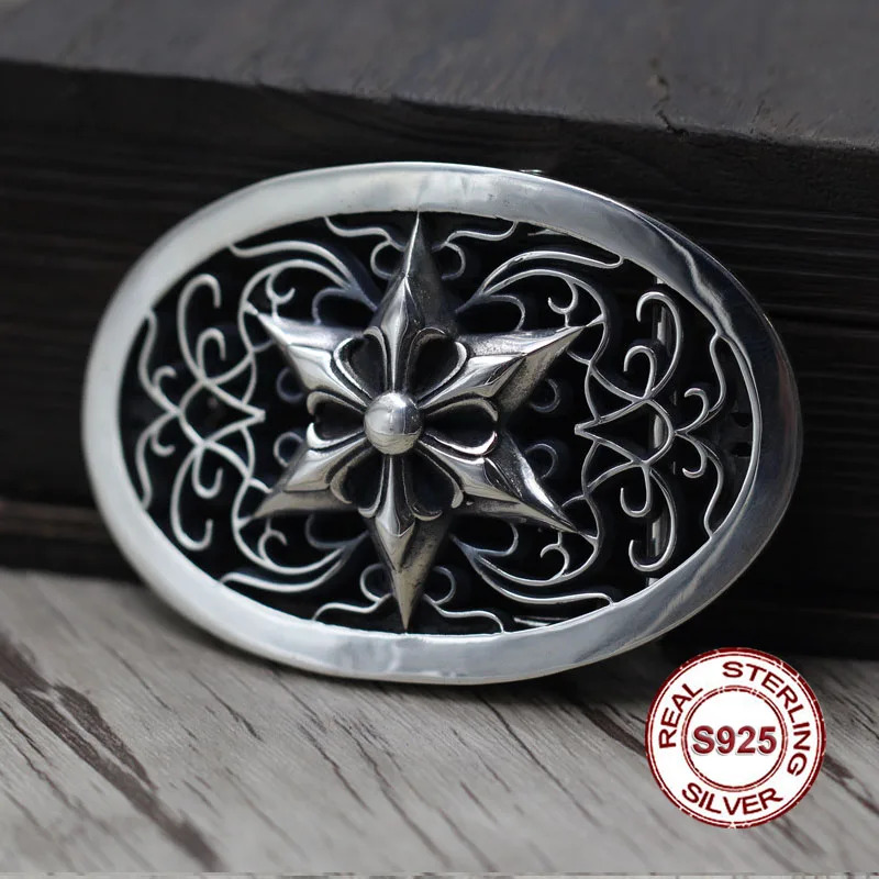 

S925 sterling silver belt buckle Retro personality hip-hop hexagram unique belt buckle Thai silver to create punk style Send