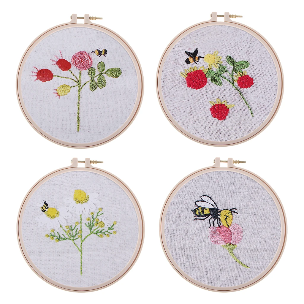 Embroidery Starter Kit with Pre Printed Bee Flower Pattern Embroidery Sampler Kit for Beginners Craft for DIY Needlework Craft
