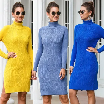 

2020 Autumn Winter Casual Loose Turtleneck Long Sleeve Jersey Dress Skirt