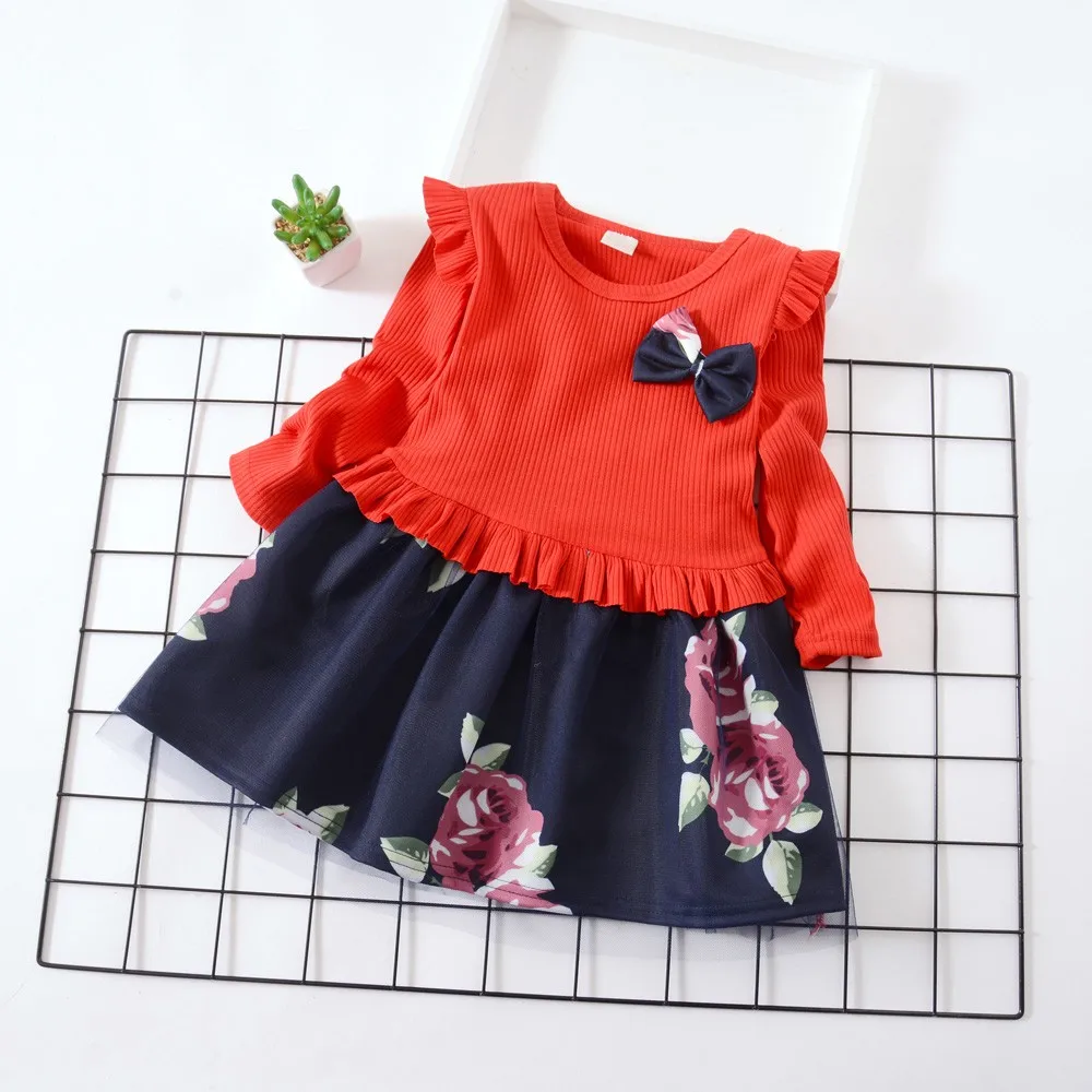 

(12M-5T) Children's Long Sleeve Bow Flower Print Princess Dress Toddler Baby Girl Long Sleeve Floral Print Dress baby S4
