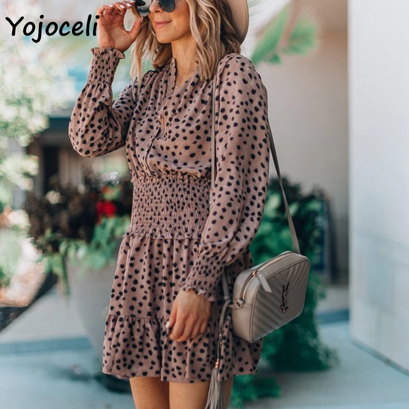 Yojoceli осенне-зимнее платье с принтом, женское платье с длинным рукавом, повседневное уличное мини платье, женское платье