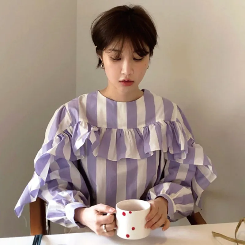 Уитни Ван блузки женские мода уличная волна оборки полосатая блузка женские блузы рубашки топы